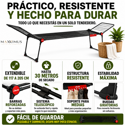 Tendedero Extensible 2x1 | Hasta 30 Metros de Secado